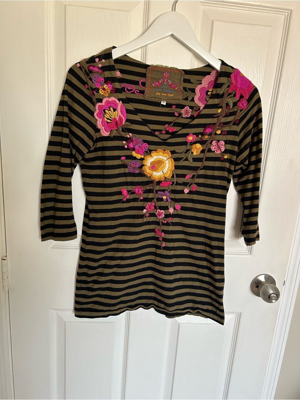 JW Los Angeles Striped Olive V-Neck Long Sleeve Top with Pink Floral Embroidery